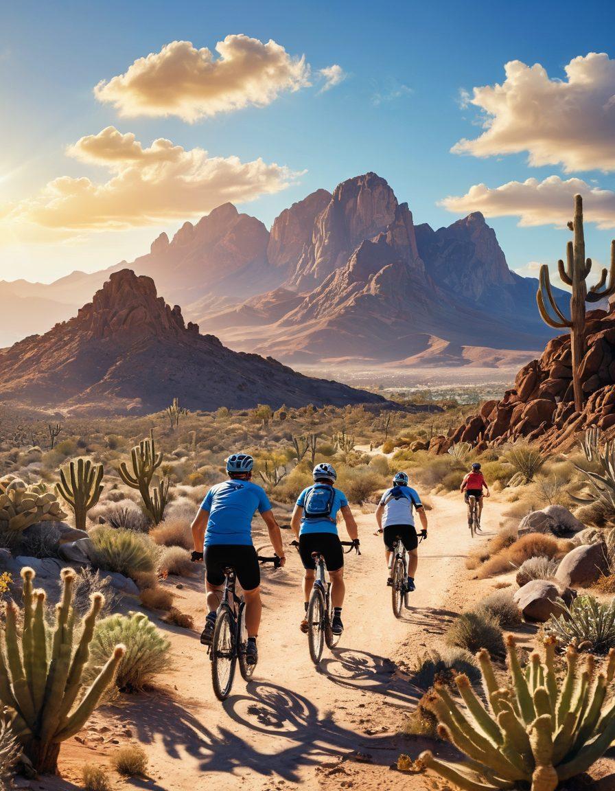 A vibrant desert landscape bathed in golden sunlight, showcasing diverse athletic activities such as running, cycling, and rock climbing. Include silhouettes of joyful athletes engaged in their adventures, with cacti and distant mountains in the background. The sky is a brilliant blue, dotted with fluffy white clouds, radiating a sense of joy and outdoor freedom. Capture the spirit of adventure and energy in a sun-drenched setting. super-realistic. vibrant colors. 3D.
