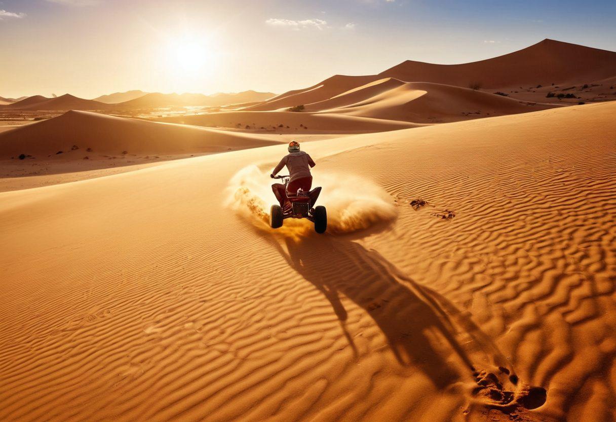 A dynamic desert landscape showcasing diverse sports activities like sandboarding, dune biking, and camel racing under a bright sun; vibrant colors reflecting the energy of a lifestyle filled with fitness and fun; people of various ages and backgrounds enjoying the adventure; cacti and rolling sand dunes add to the scenery. super-realistic. vibrant colors. warm sunlight.